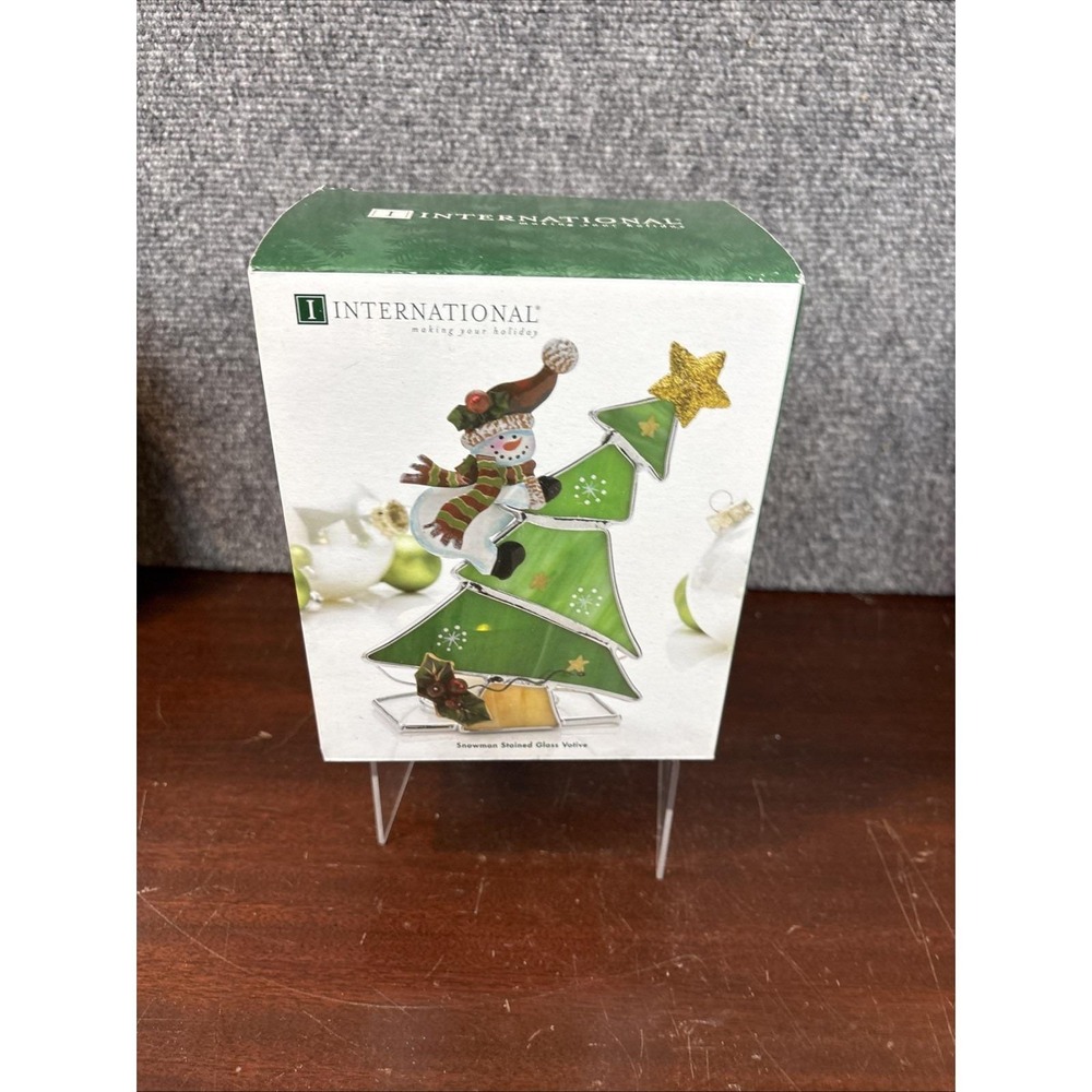 International Silver Company Snowman Stained Glass Votive 6.5" NIB
